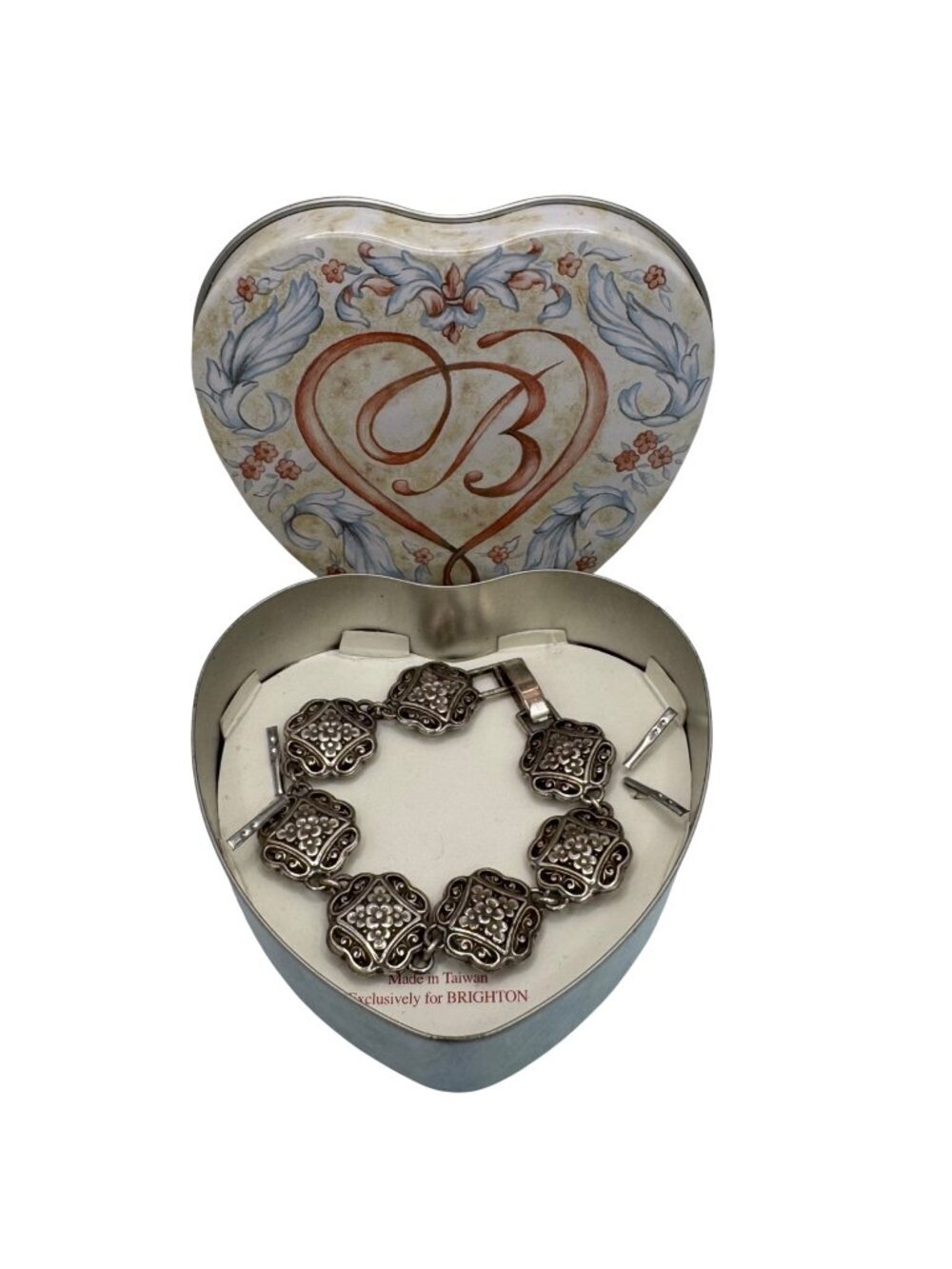 Brighton Silver-Tone Floral Bracelet Scroll Link In Original Heart Tin Box 7"